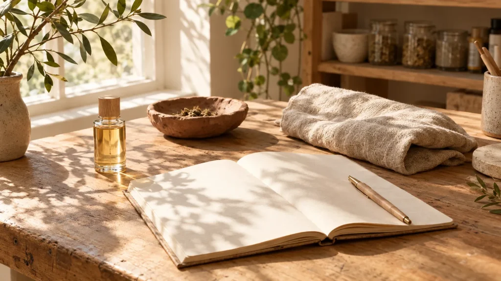 Sunlit studio table with an open notebook, linen cloth and unbranded glass bottles