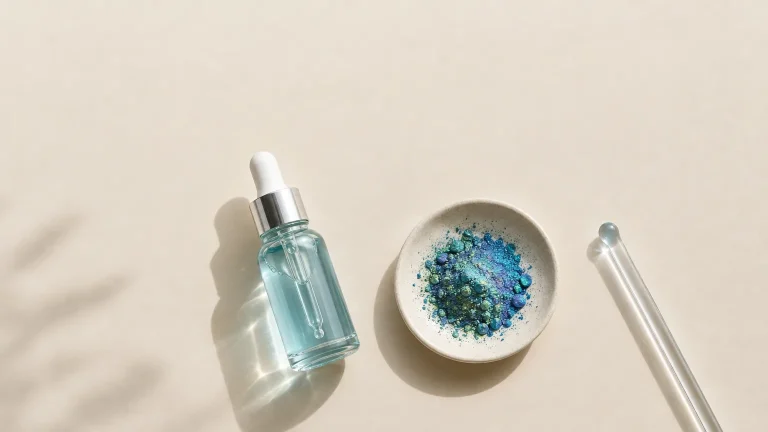 Copper peptide serum bottle with a dish of blue-green mineral powder flat-lay