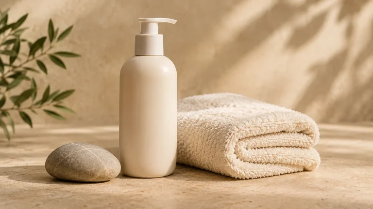Unbranded body lotion bottle with a folded towel and a smooth pebble