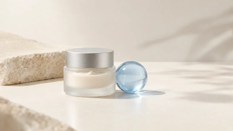 Unbranded eye cream jar with a cool blue glass sphere on an ivory surface
