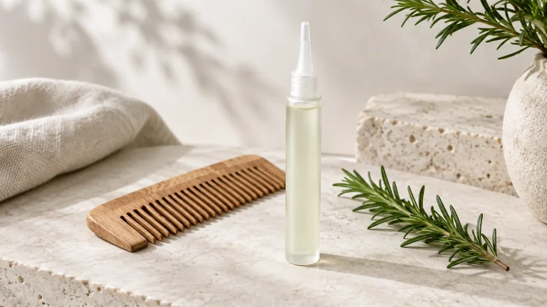 Unbranded scalp serum applicator bottle with a wooden comb and rosemary