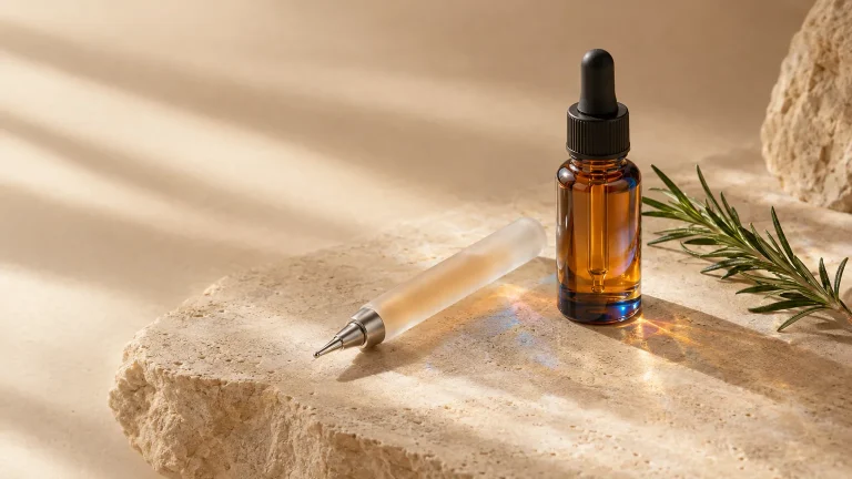 Frosted hair serum applicator bottle beside an amber dropper bottle and rosemary