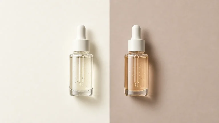 Two unbranded peptide serum bottles on a split ivory and clay background