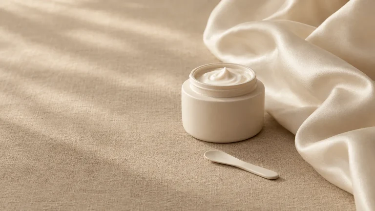 Unbranded cream jar and spatula with folded ivory silk on sand linen