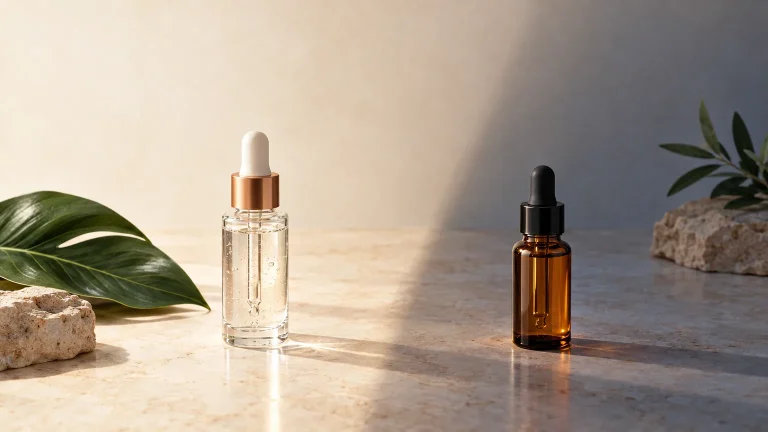 Clear and amber serum bottles divided by soft morning and evening light