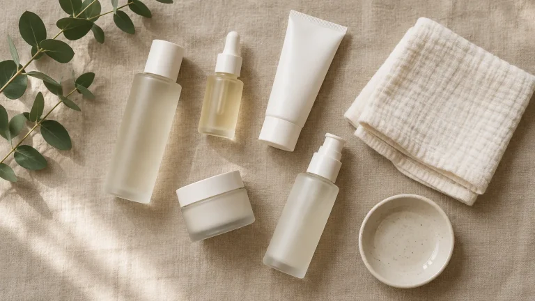 Overhead flat-lay of unbranded skincare bottles and a muslin cloth