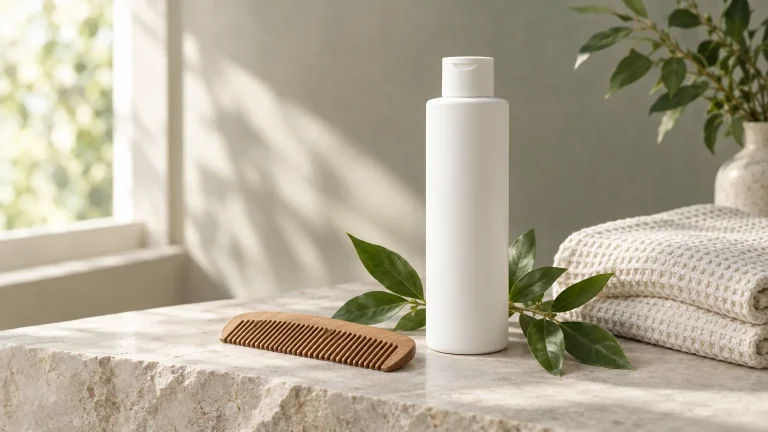 Unbranded shampoo bottle with a wooden comb and a waffle towel