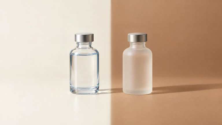 Two unbranded bottles side by side on split ivory and clay backgrounds