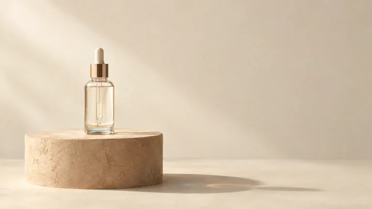 Single unbranded dropper serum bottle alone on a warm plaster pedestal