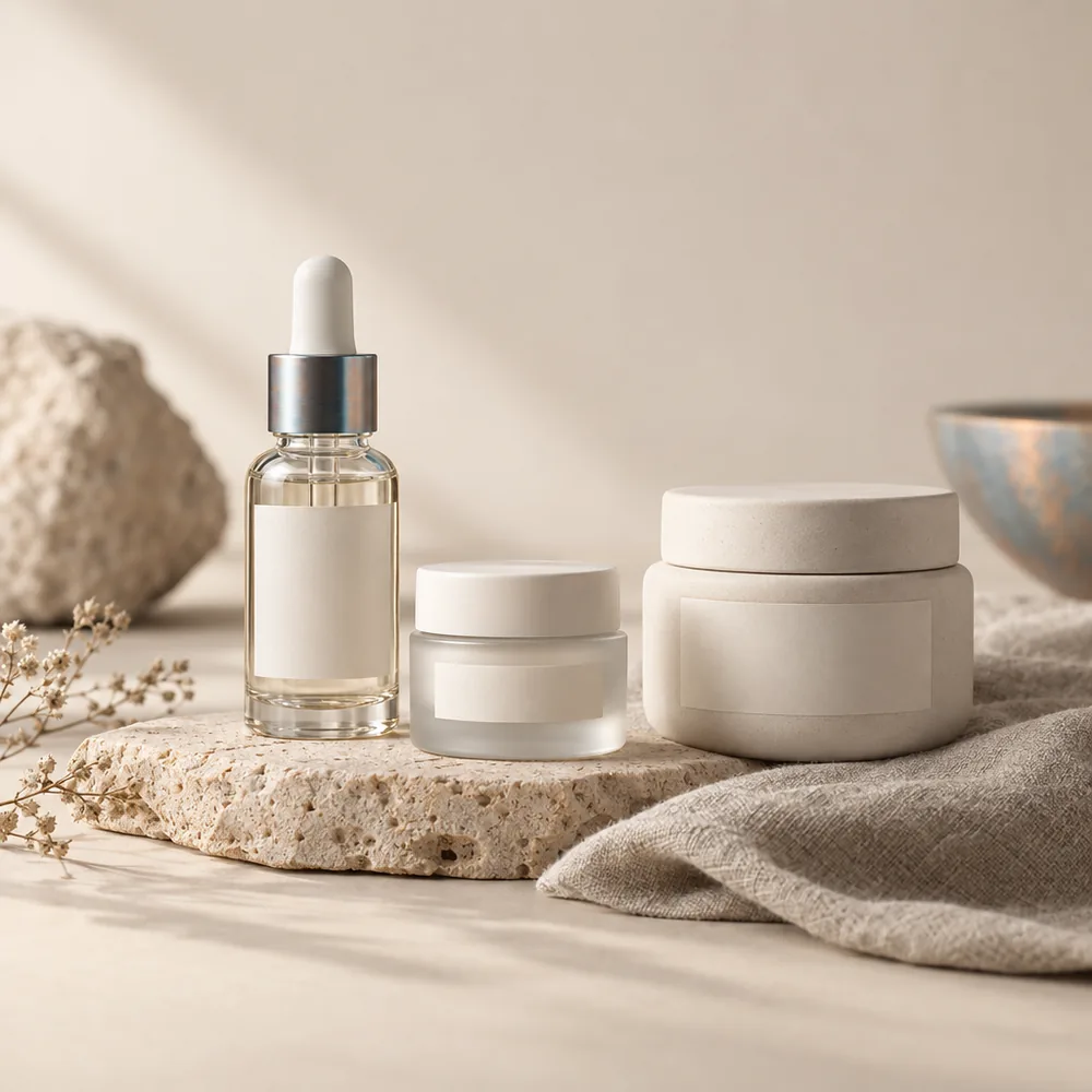 Peptide anti-ageing trio with blank labels on a warm ivory background