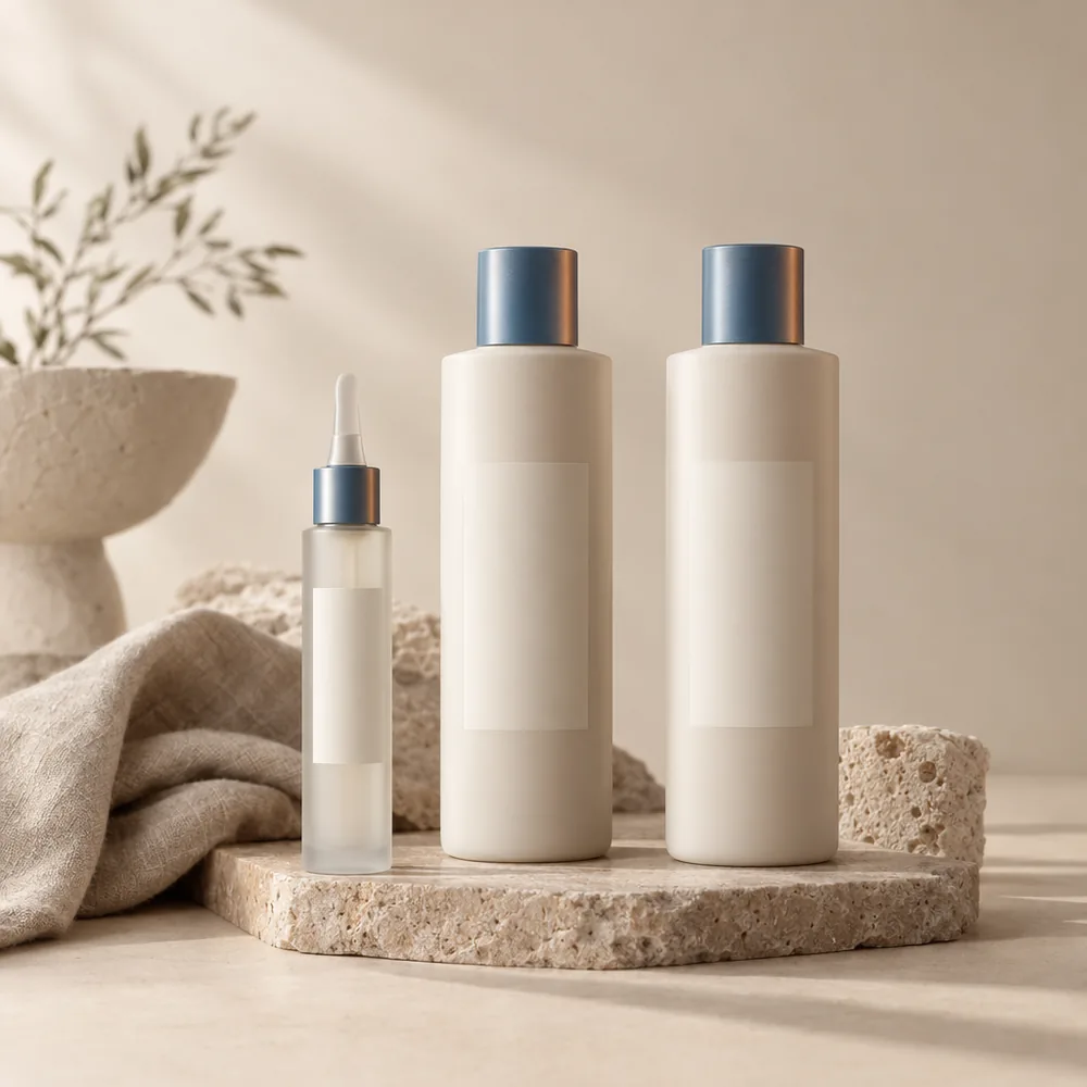 Scalp care duo with blank labels on a warm ivory background