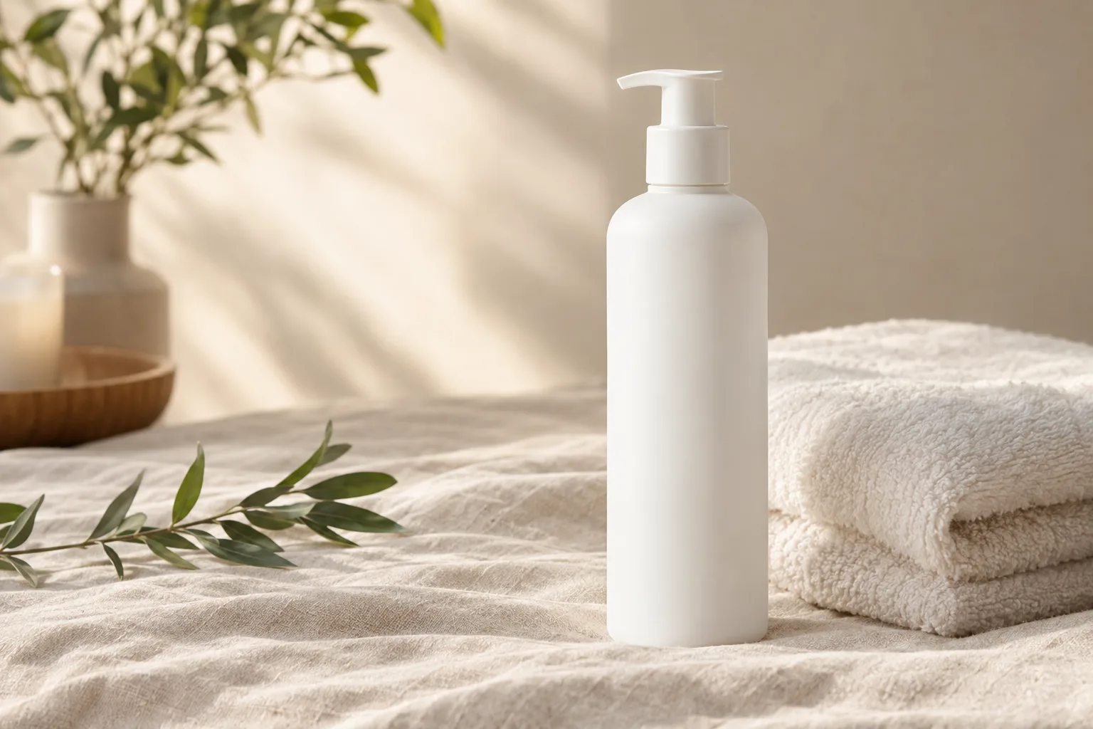 Tall unbranded matte white body lotion bottle on linen with a folded towel