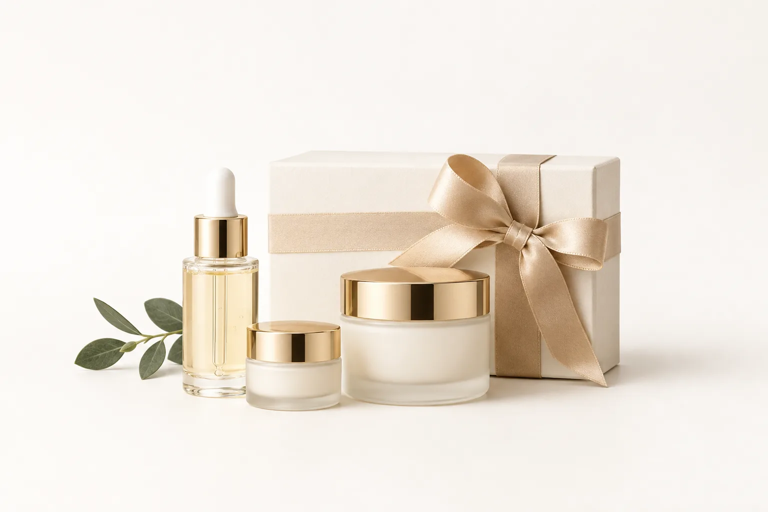 Unbranded serum, eye jar and cream jar styled as a minimal gift set