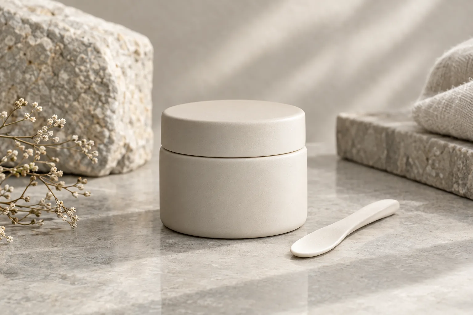 Unbranded matte ceramic cream jar and spatula on a smooth stone surface