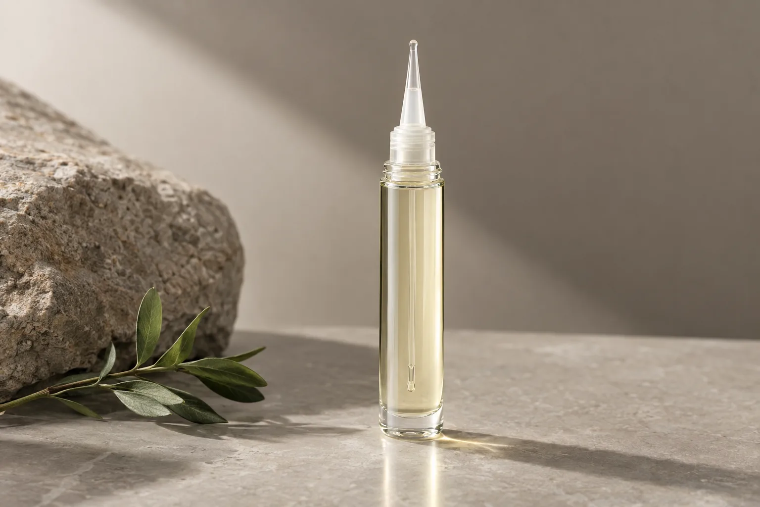 Slim unbranded glass scalp serum bottle with a fine applicator tip on warm grey stone