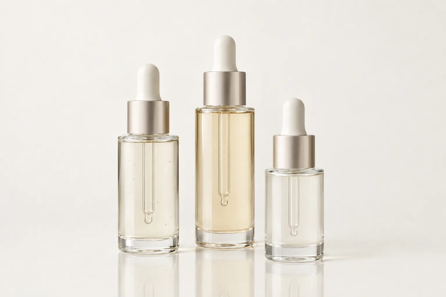 Group of unbranded glass dropper serum bottles on an off-white background