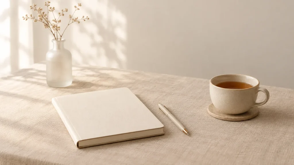 Minimal desk with a closed notebook, a pen, a small bottle and a cup of tea