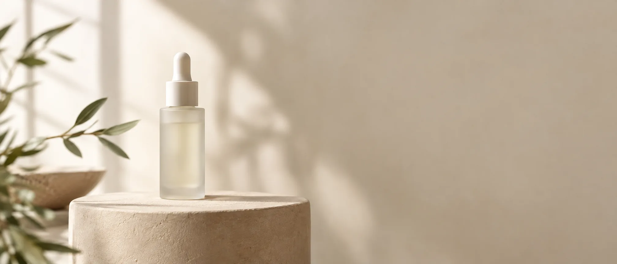 Unbranded frosted glass peptide serum bottle on a warm beige pedestal in soft morning light