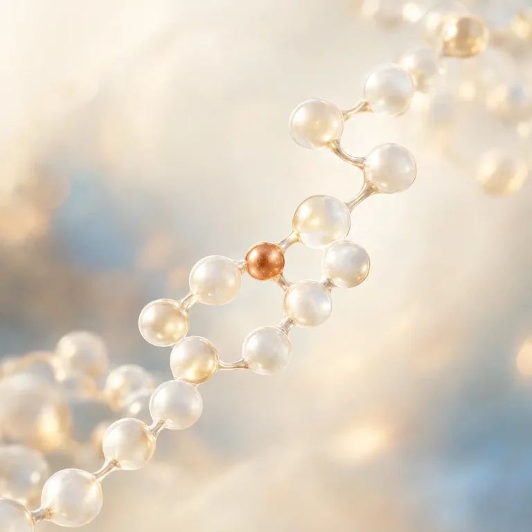Abstract peptide molecule chain of glowing spheres with a single copper sphere