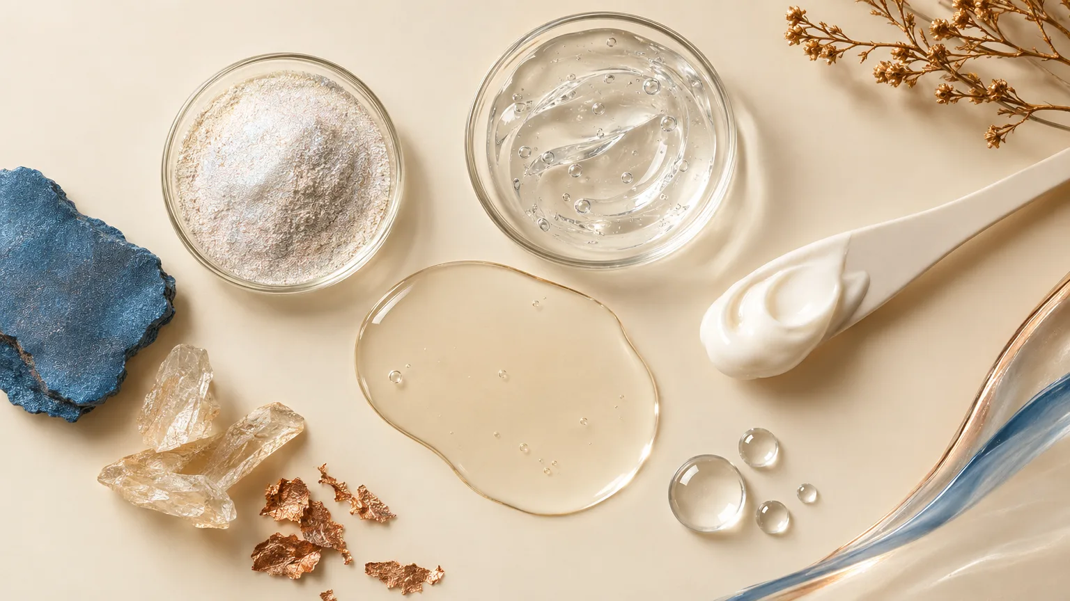 Overhead dishes of powder, gel, liquid and cream on a warm ivory surface