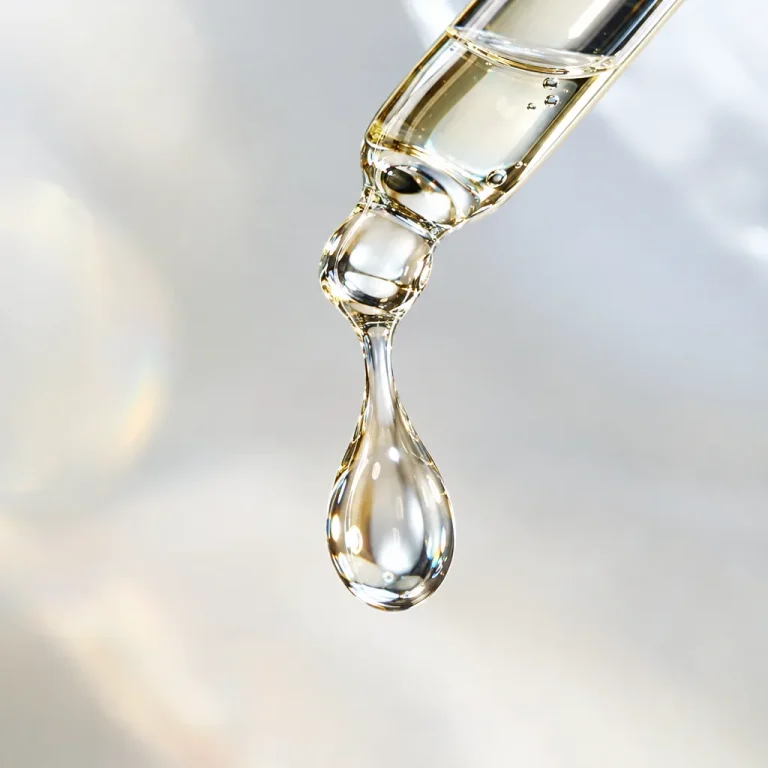 Extreme macro of a clear cosmetic serum droplet falling from a glass dropper