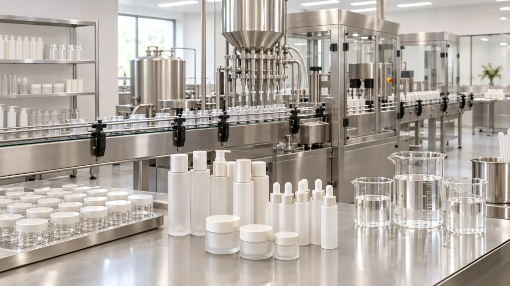 Clean cosmetic production line with unbranded jars and bottles in a modern facility